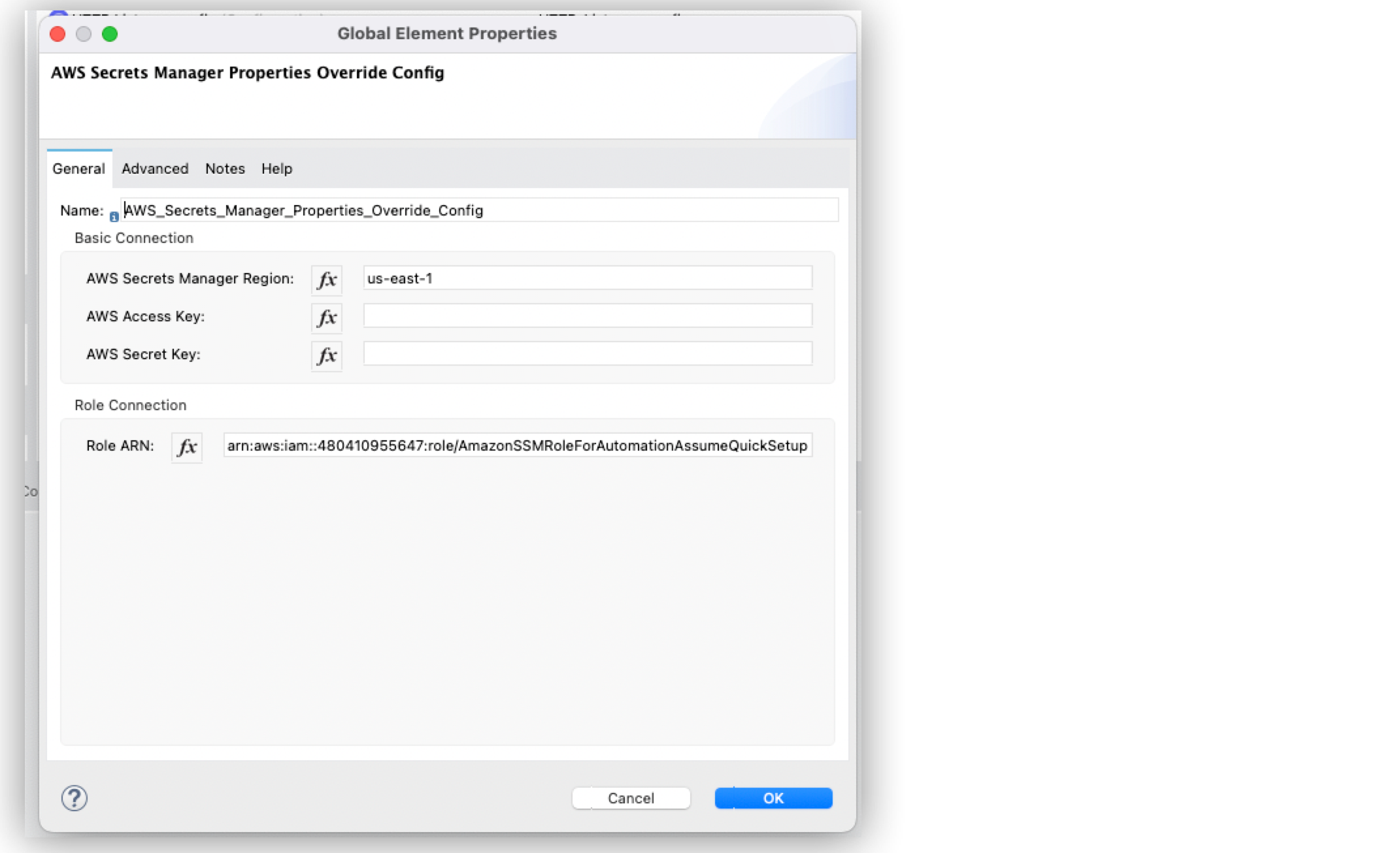 Example of Amazon Secrets Manager Properties Provider in Global Element Properties window of Anypoint Studio