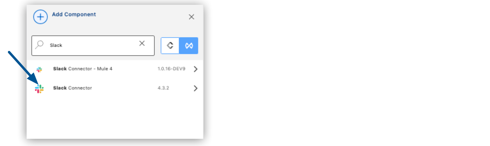 A list of search results with the Slack connector highlighted