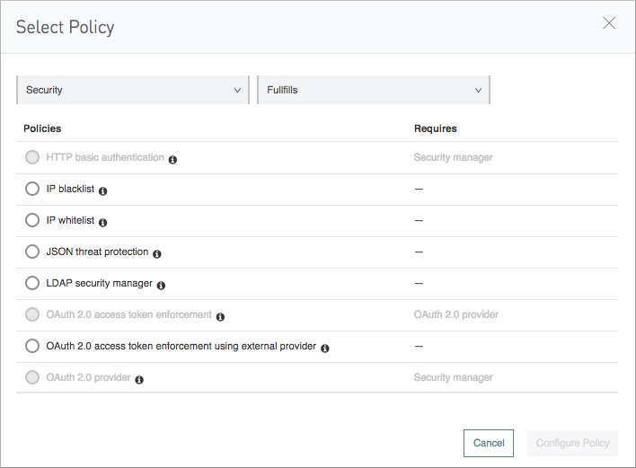 List of available policies with categories for Compliance, Security, and Quality of Service