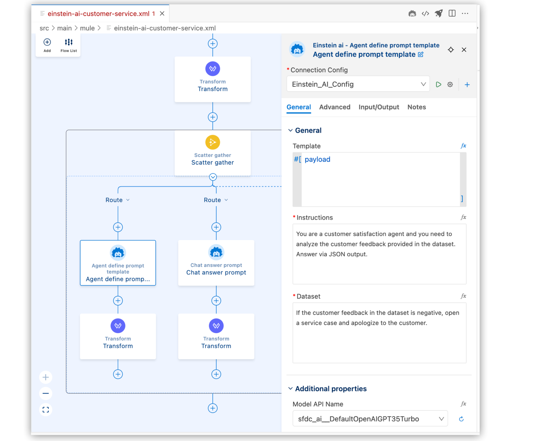 A flow with a Tranform component, a scatter-gather component, and two routes