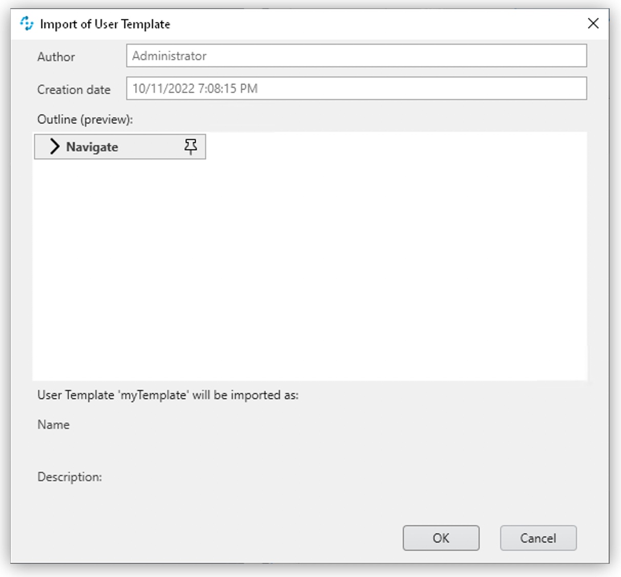 「Import template (テンプレートをインポート)」 ウィンドウ