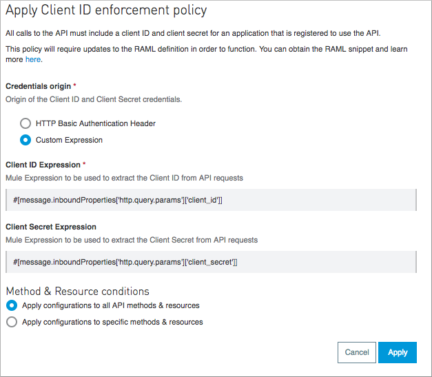 A form for applying a client ID enforcement policy