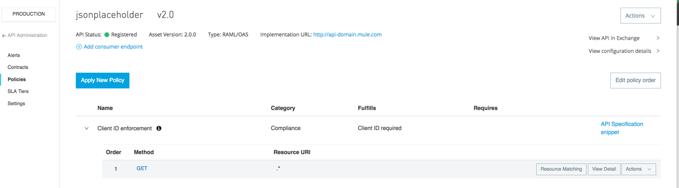 A table shows API policy details