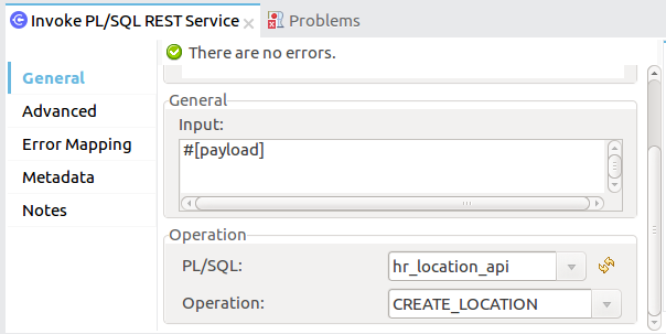 Oracle Create Location operation properties window
