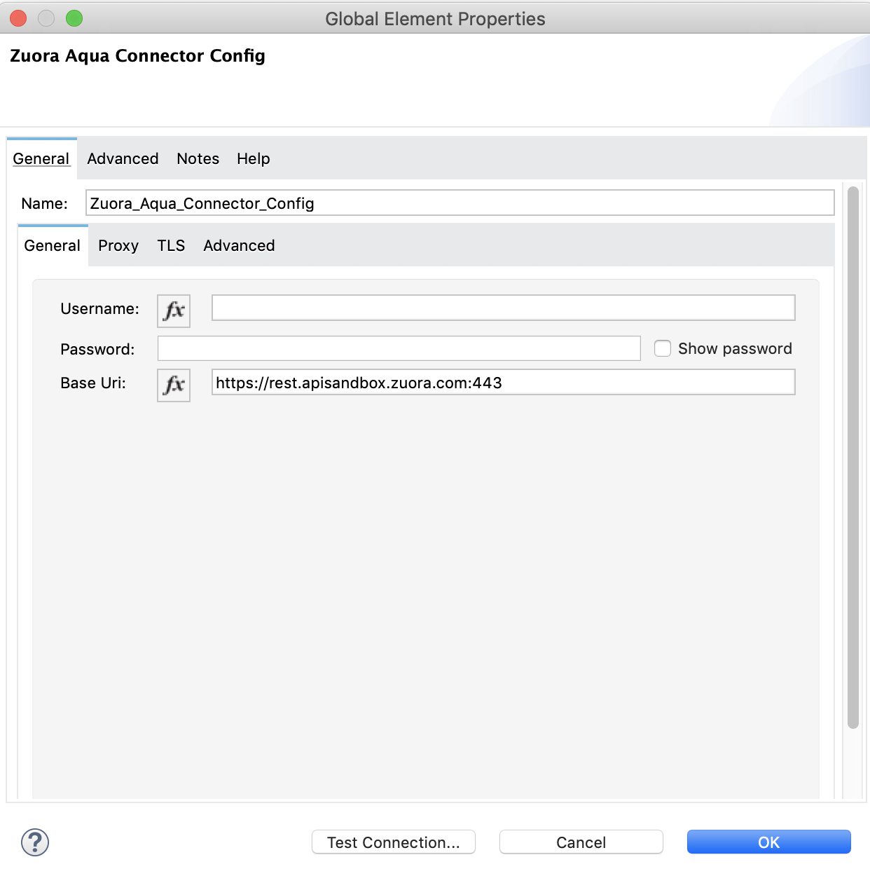 Global element properties window for Basic authentication